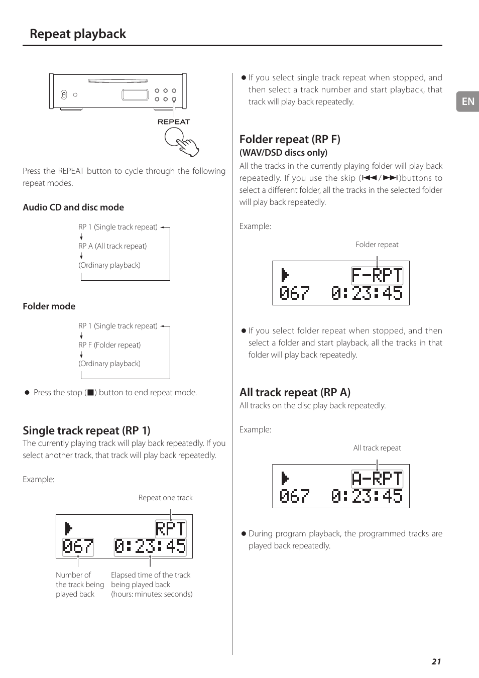 Repeat playback, E 21), Single track repeat (rp 1) | Folder repeat (rp f), All track repeat (rp a) | Teac PD-501HR User Manual | Page 21 / 88
