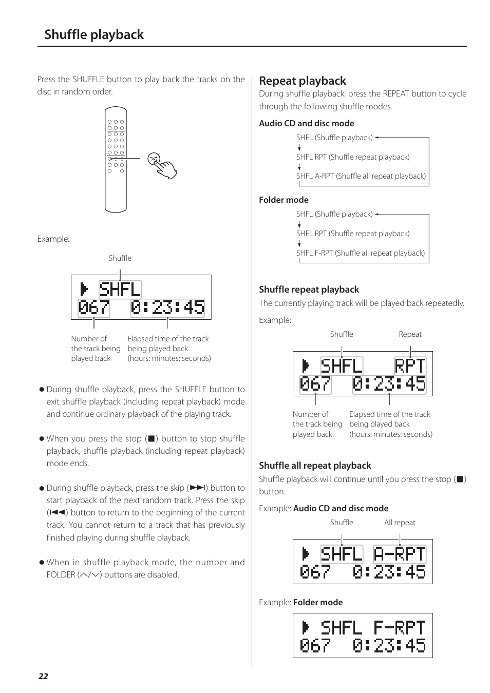 Shuffle playback, E 22), Repeat playback | Teac PD-501HR User Manual | Page 22 / 88