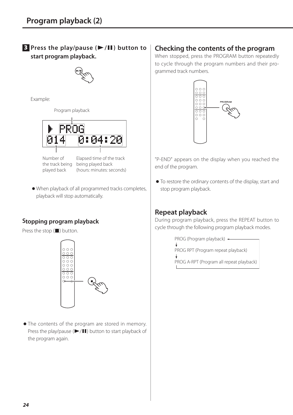 Program playback (2), Checking the contents of the program, Repeat playback | Teac PD-501HR User Manual | Page 24 / 88