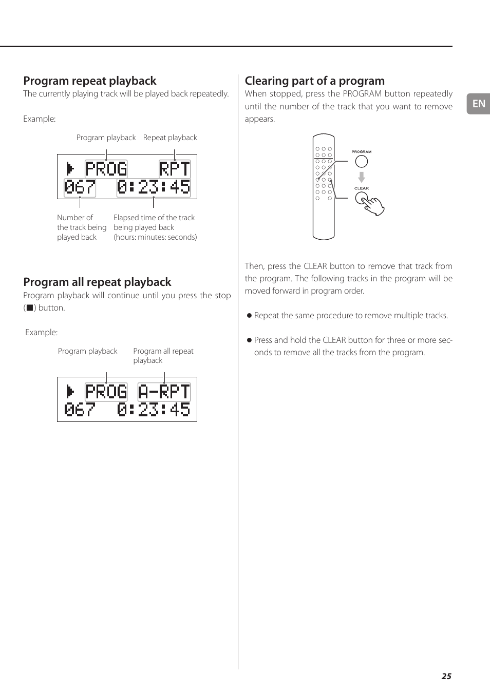 Program repeat playback, Program all repeat playback, Clearing part of a program | Teac PD-501HR User Manual | Page 25 / 88
