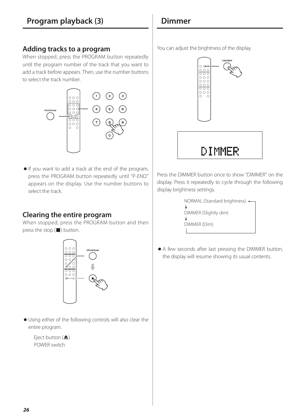 Dimmer, E 26, Program playback (3) dimmer | Adding tracks to a program, Clearing the entire program | Teac PD-501HR User Manual | Page 26 / 88