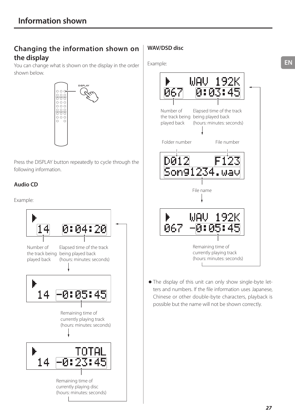 Information shown, Changing the information shown on the display | Teac PD-501HR User Manual | Page 27 / 88