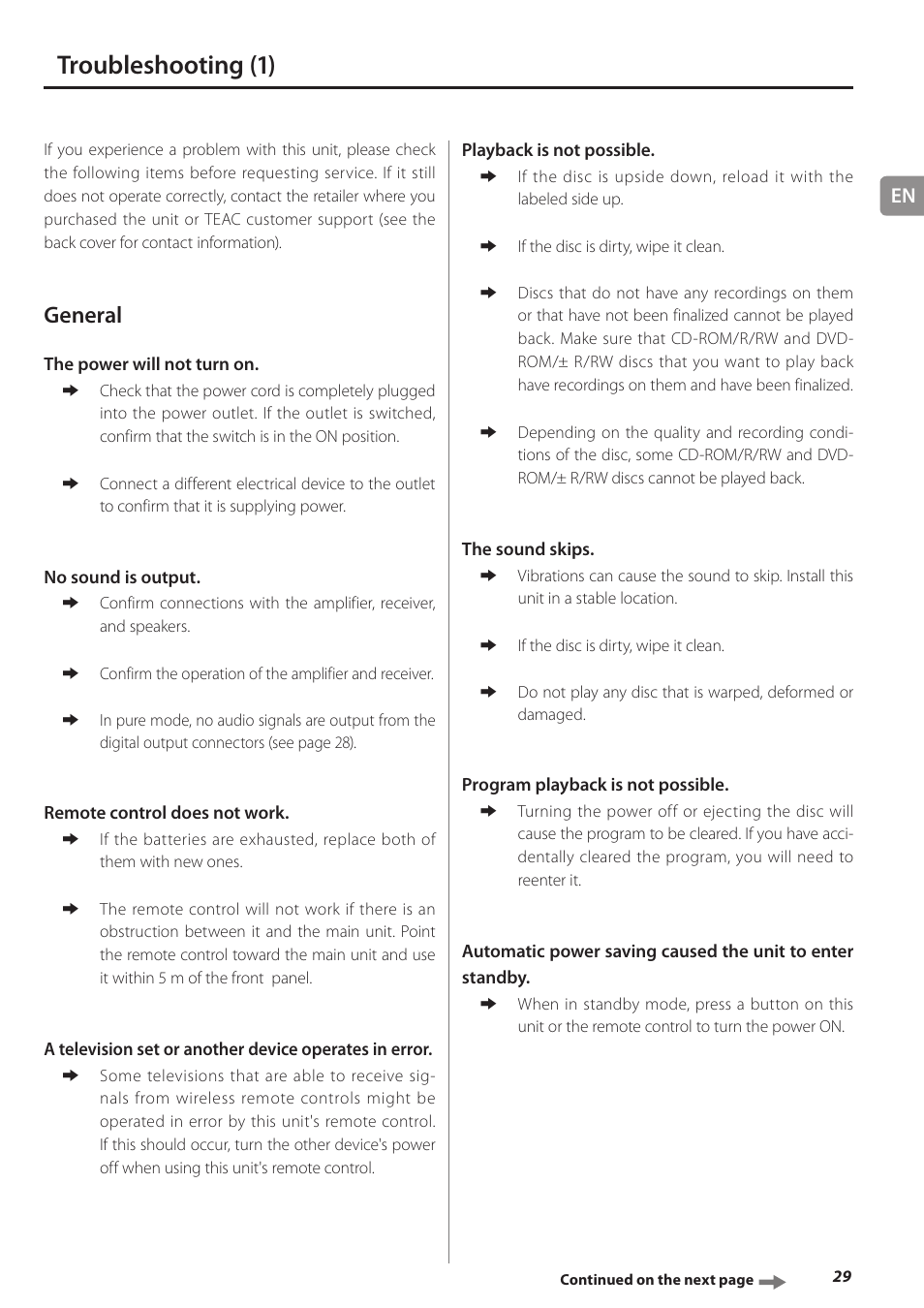 Troubleshooting, Troubleshooting (1), General | Teac PD-501HR User Manual | Page 29 / 88