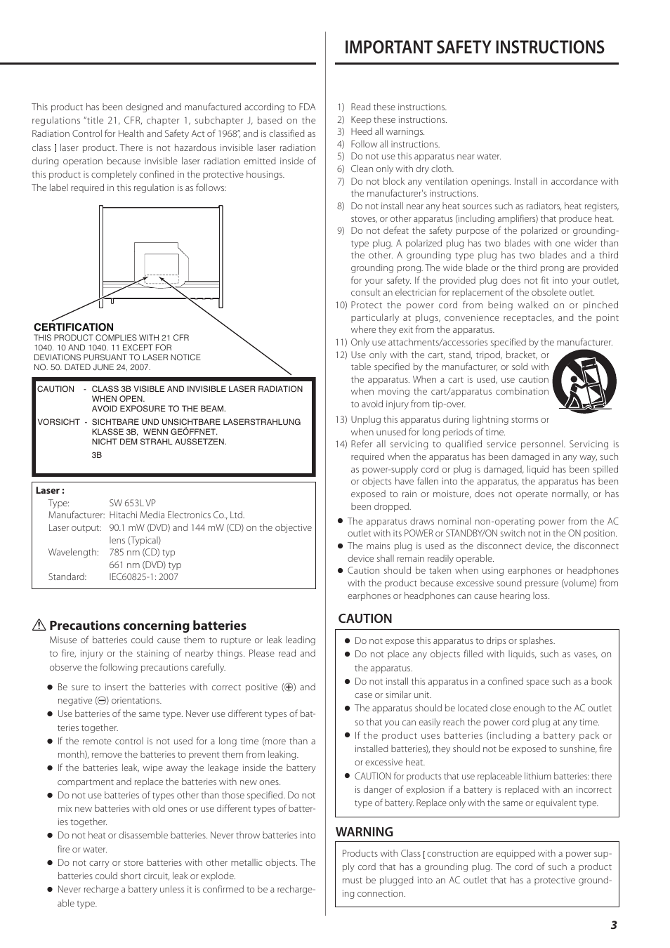 Important safety instructions, Caution warning q precautions concerning batteries | Teac PD-501HR User Manual | Page 3 / 88