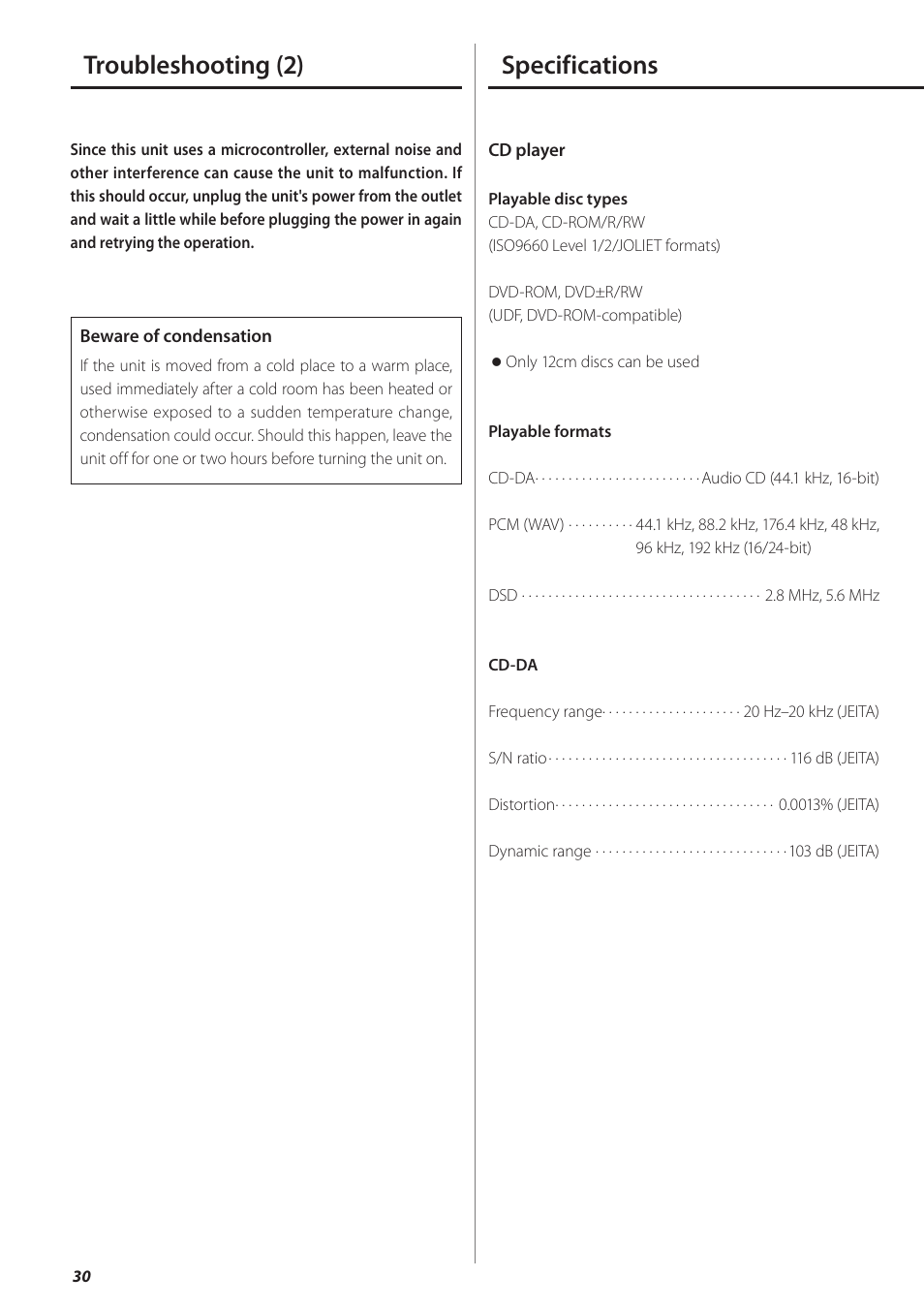 Specifications, Troubleshooting (2) | Teac PD-501HR User Manual | Page 30 / 88