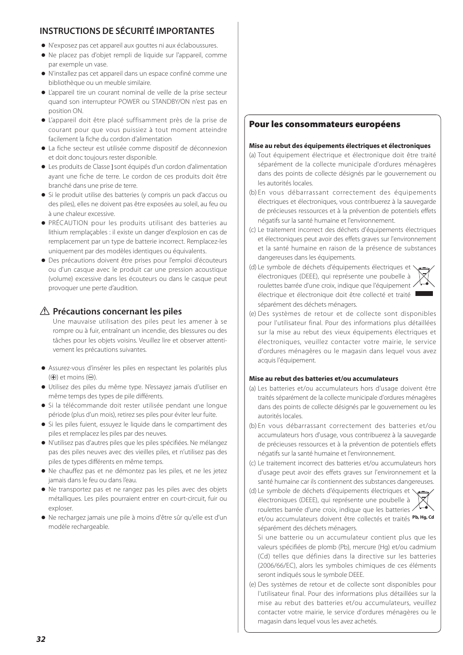 Français, Pour les consommateurs européens, Instructions de sécurité importantes | Q précautions concernant les piles | Teac PD-501HR User Manual | Page 32 / 88
