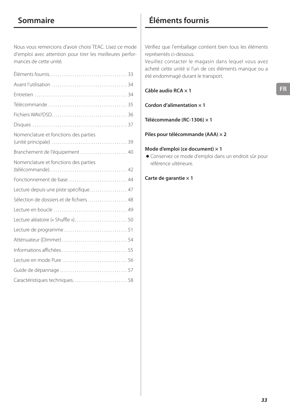 Éléments fournis, Sommaire | Teac PD-501HR User Manual | Page 33 / 88