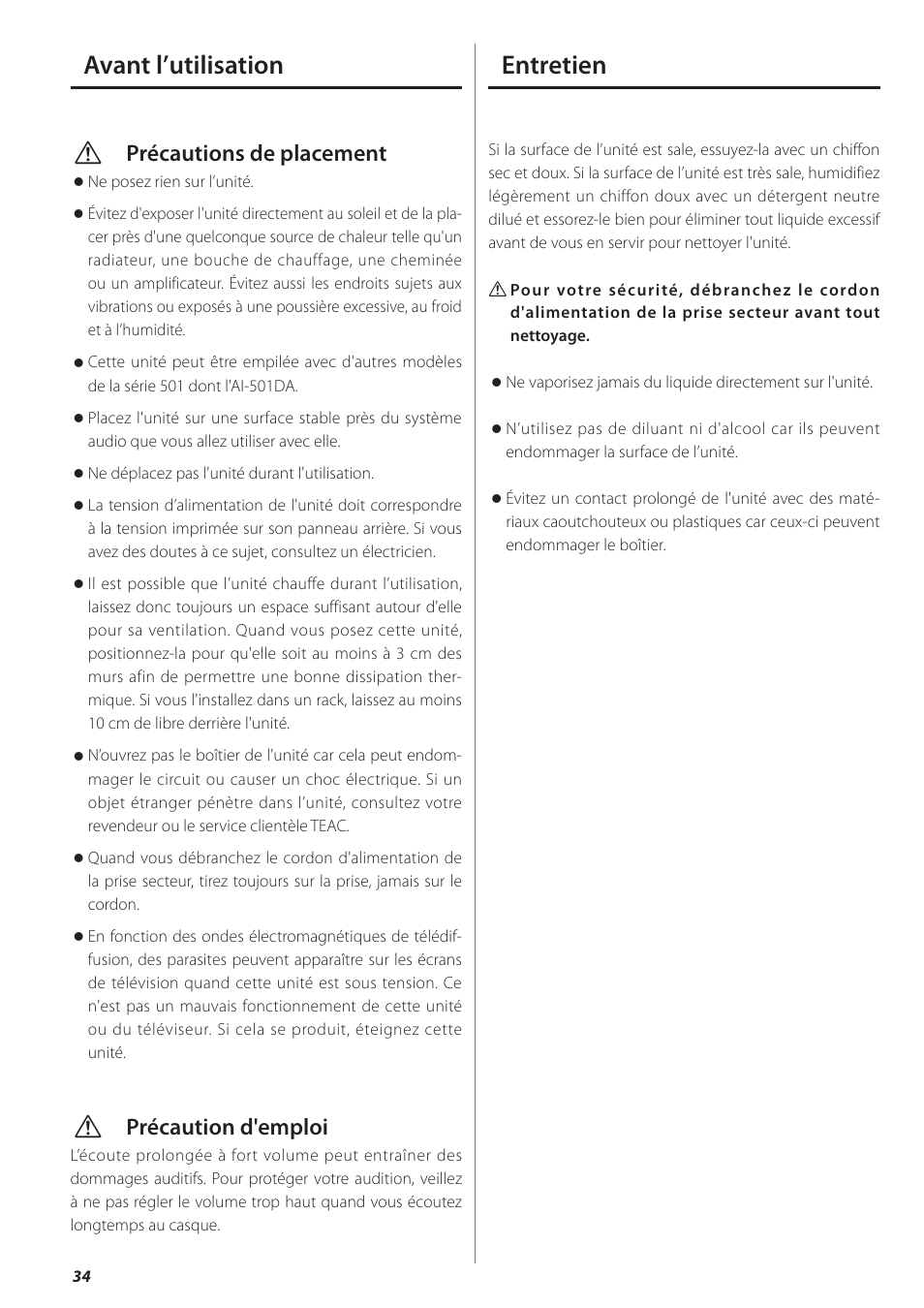 Avant l’utilisation, Entretien, Avant l’utilisation entretien | Vprécautions de placement, Vprécaution d'emploi | Teac PD-501HR User Manual | Page 34 / 88