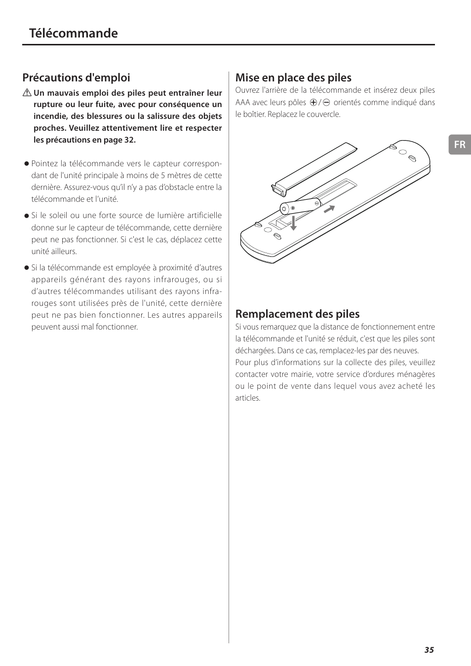 Télécommande, Précautions d'emploi, Mise en place des piles | Remplacement des piles | Teac PD-501HR User Manual | Page 35 / 88