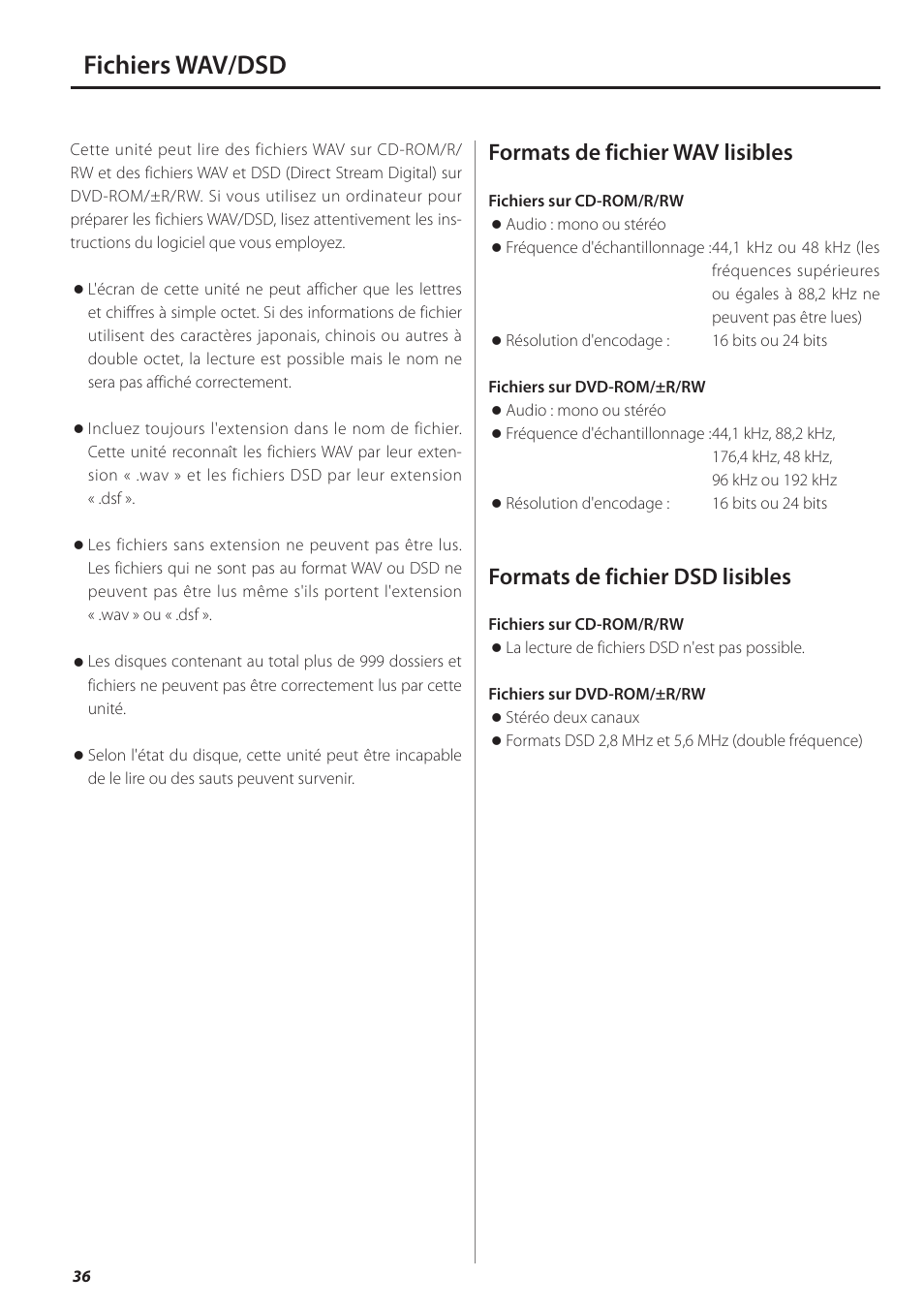 Fichiers wav/dsd, Formats de fichier wav lisibles, Formats de fichier dsd lisibles | Teac PD-501HR User Manual | Page 36 / 88