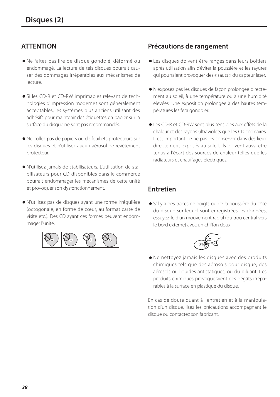 Disques (2), Attention, Précautions de rangement | Entretien | Teac PD-501HR User Manual | Page 38 / 88