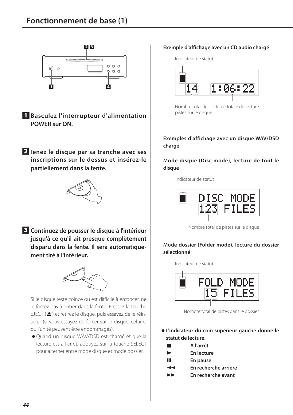 Fonctionnement de base, Fonctionnement de base (1) | Teac PD-501HR User Manual | Page 44 / 88