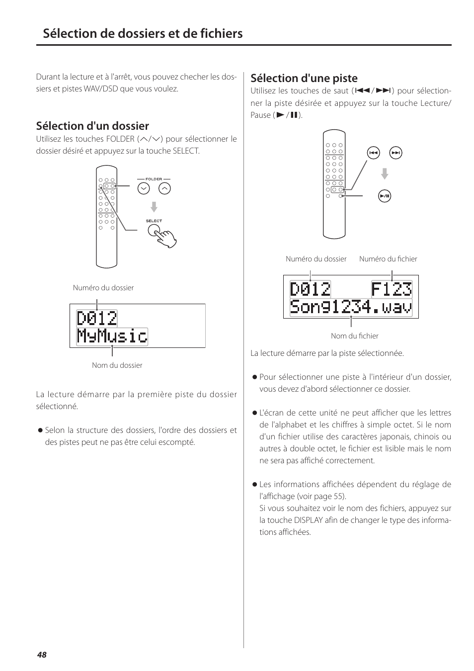 Sélection de dossiers et de fichiers, Sélection d'un dossier, Sélection d'une piste | Teac PD-501HR User Manual | Page 48 / 88