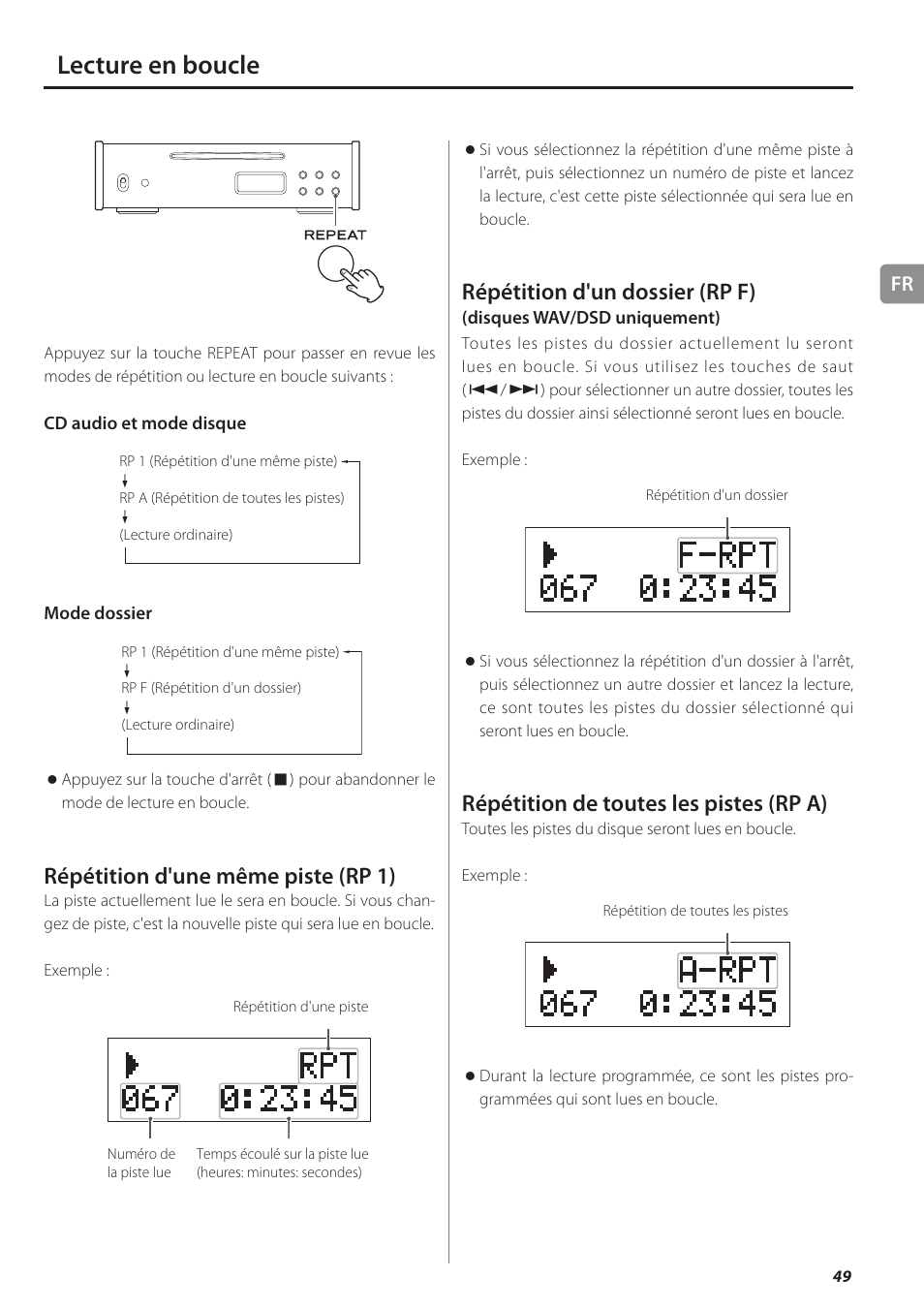 Lecture en boucle, Répétition d'une même piste (rp 1), Répétition d'un dossier (rp f) | Répétition de toutes les pistes (rp a) | Teac PD-501HR User Manual | Page 49 / 88