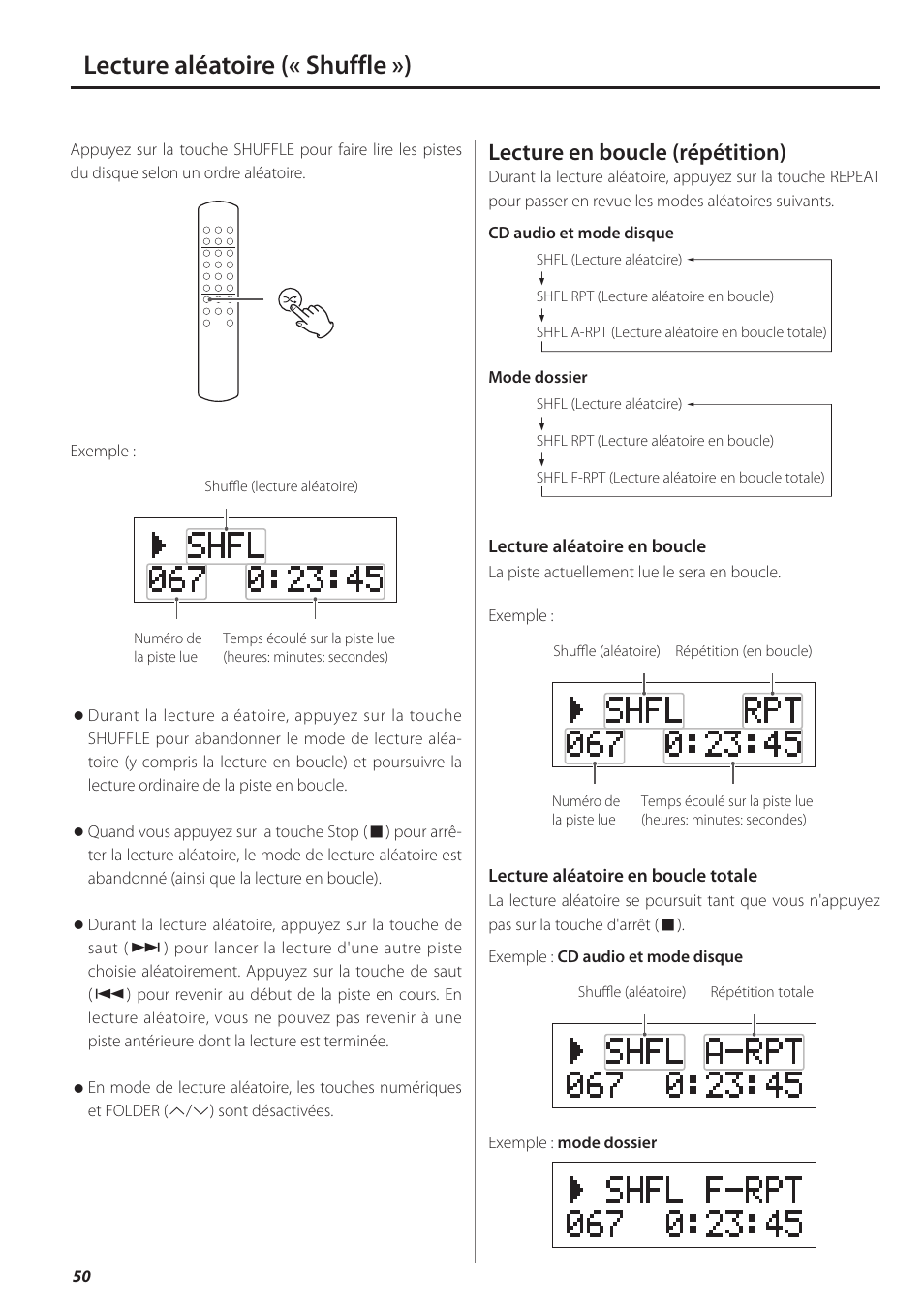 Lecture aléatoire (« shuffle »), Lecture en boucle (répétition) | Teac PD-501HR User Manual | Page 50 / 88