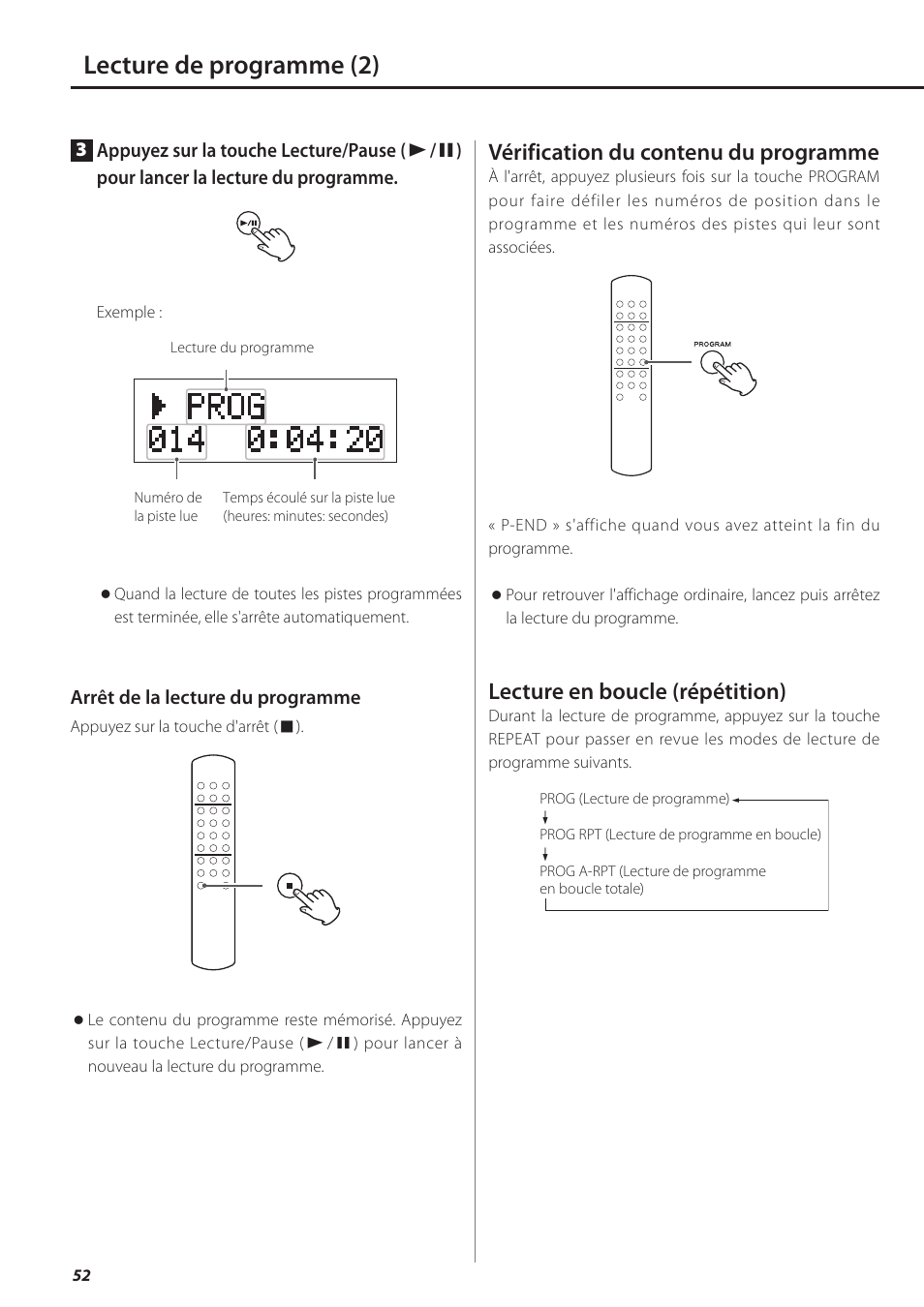 Lecture de programme (2), Vérification du contenu du programme, Lecture en boucle (répétition) | Teac PD-501HR User Manual | Page 52 / 88