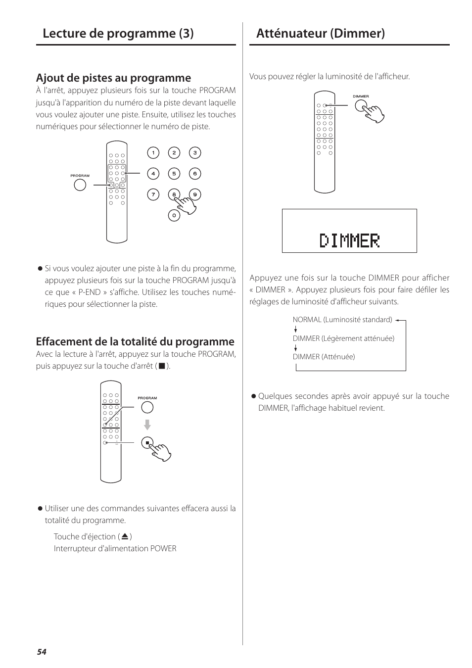 Atténuateur (dimmer), Lecture de programme (3) atténuateur (dimmer), Ajout de pistes au programme | Effacement de la totalité du programme | Teac PD-501HR User Manual | Page 54 / 88
