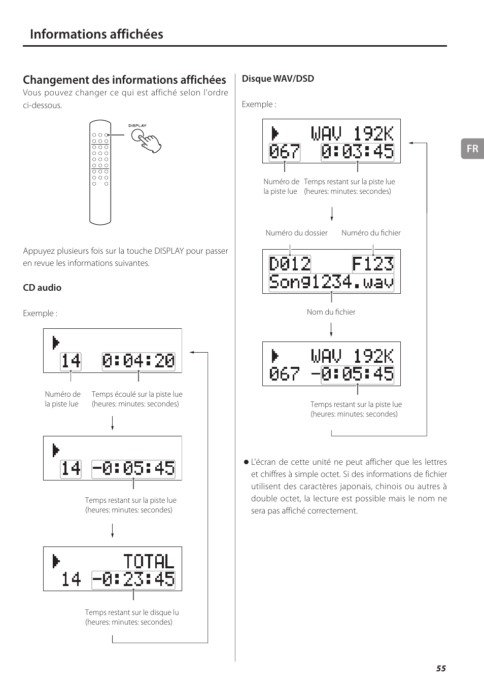 Informations affichées, Changement des informations affichées | Teac PD-501HR User Manual | Page 55 / 88
