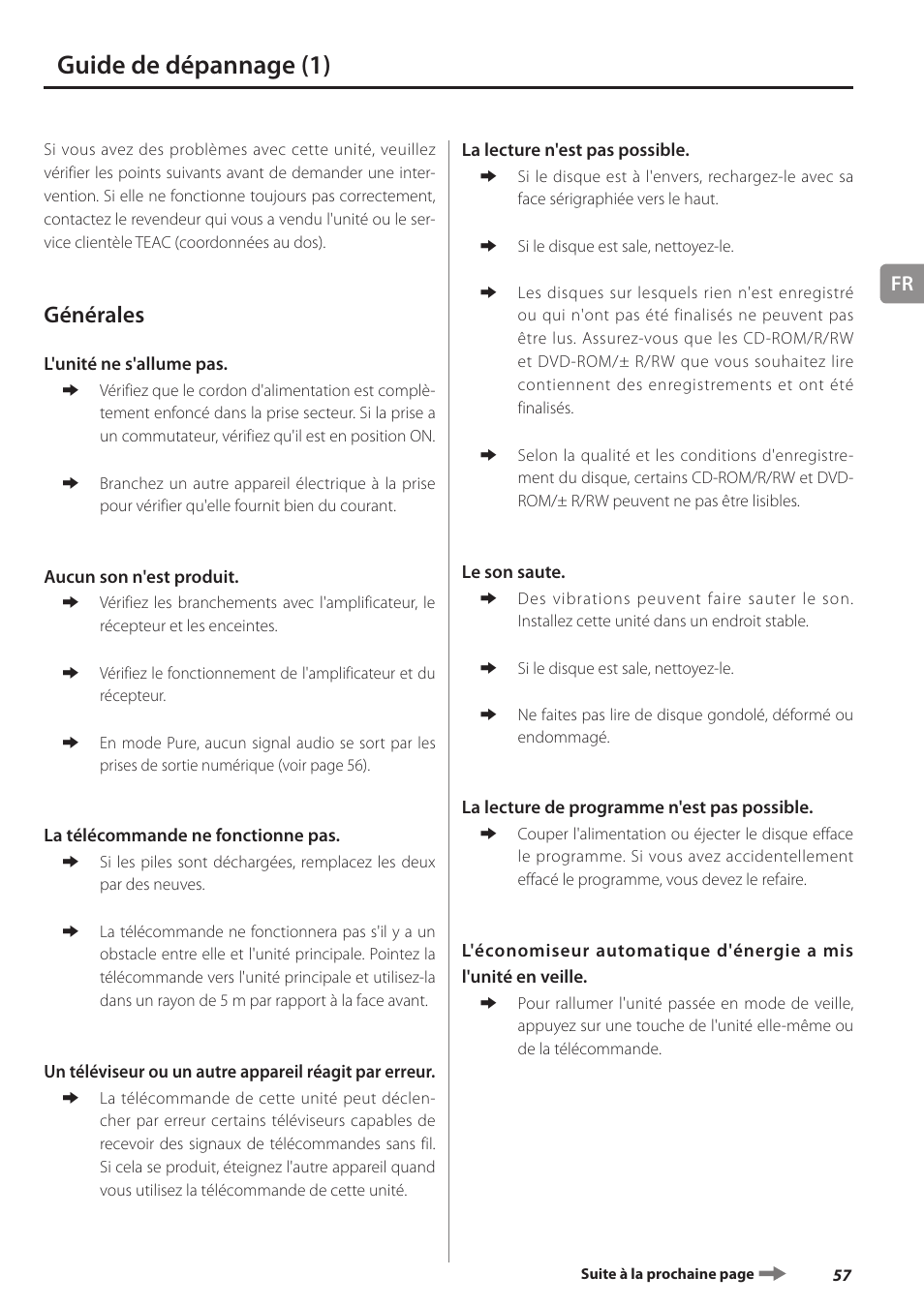 Guide de dépannage, Guide de dépannage (1), Générales | Teac PD-501HR User Manual | Page 57 / 88