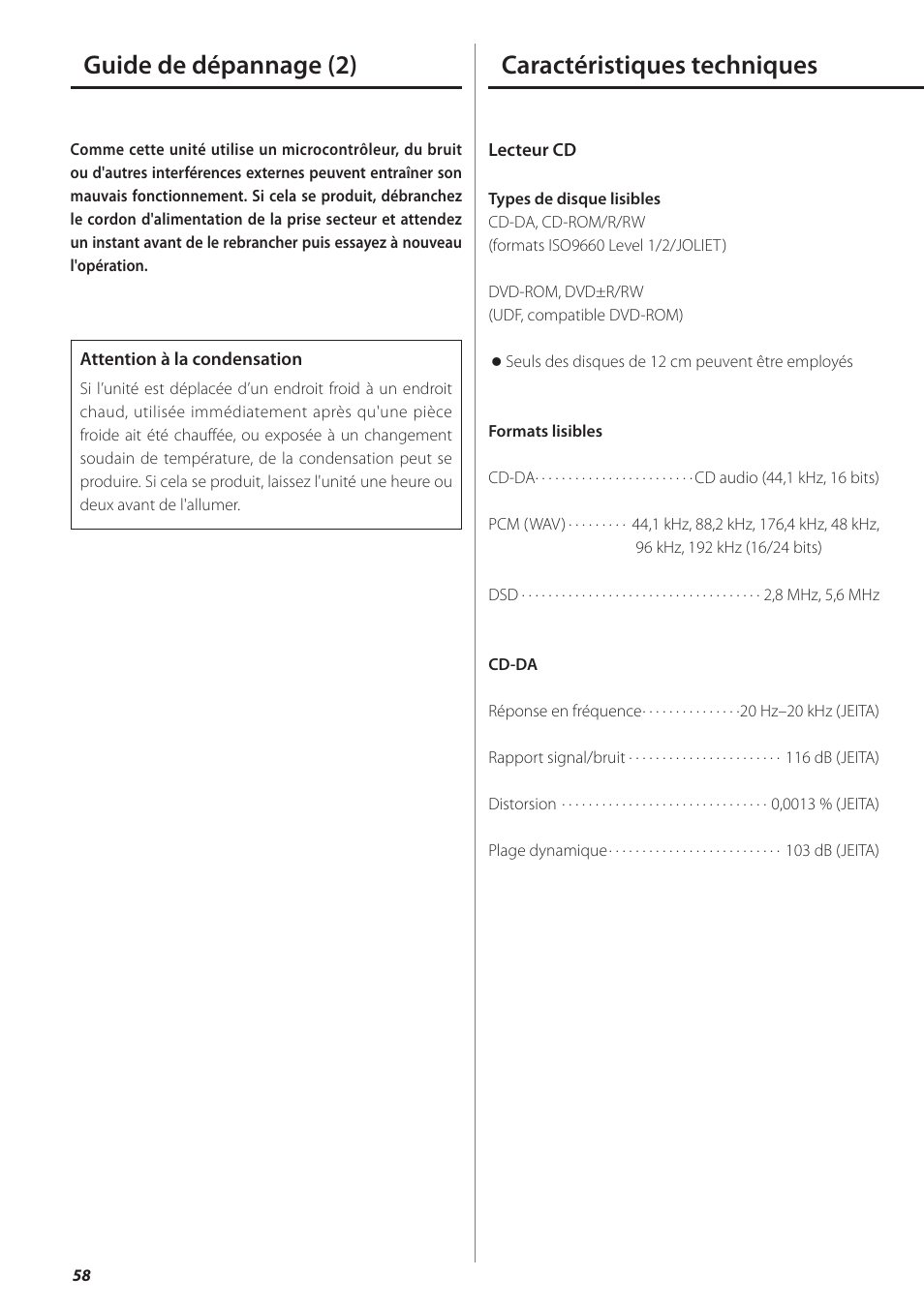 Caractéristiques techniques, Guide de dépannage (2) | Teac PD-501HR User Manual | Page 58 / 88