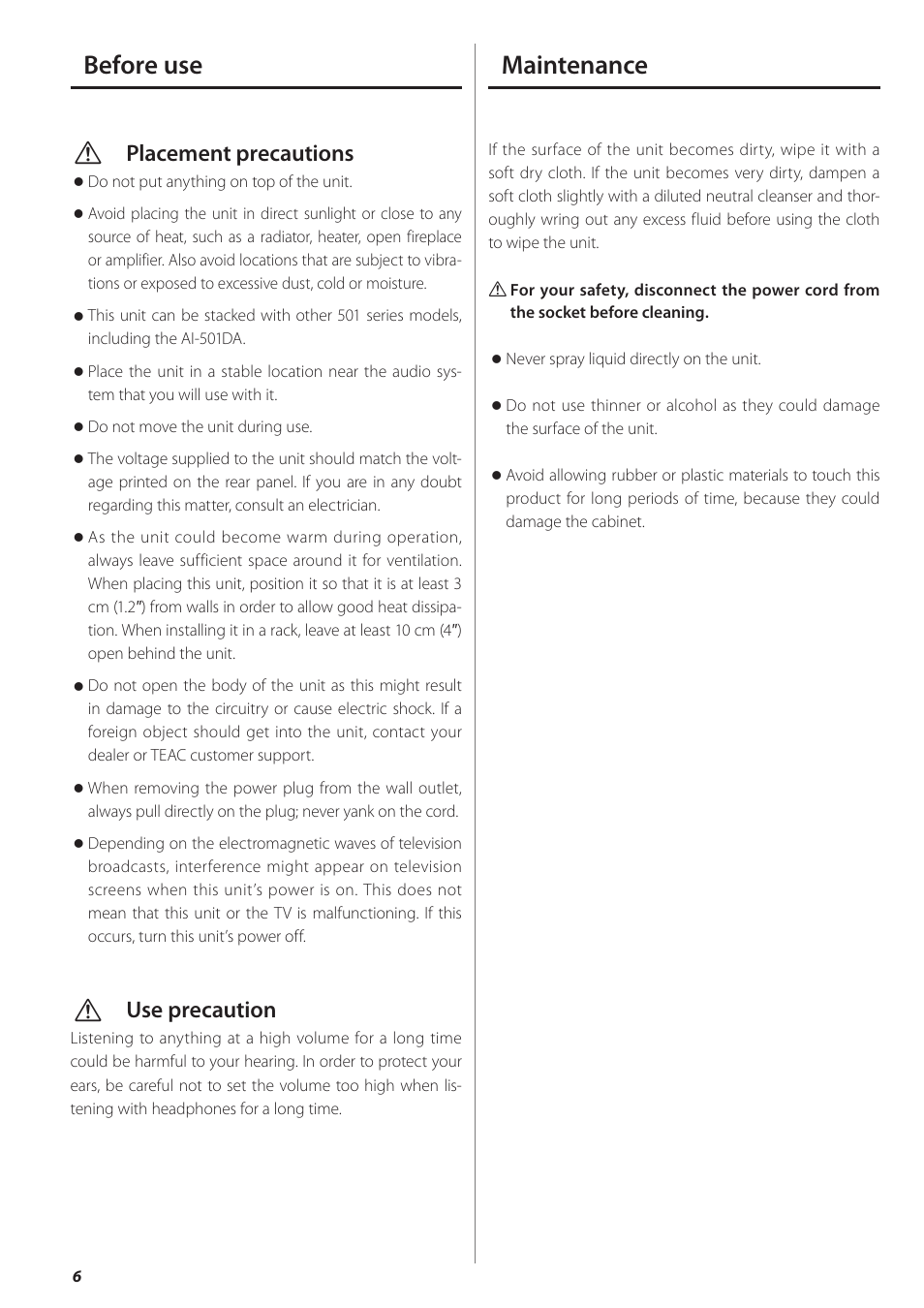 Before use, Maintenance, Before use maintenance | Vplacement precautions, Vuse precaution | Teac PD-501HR User Manual | Page 6 / 88