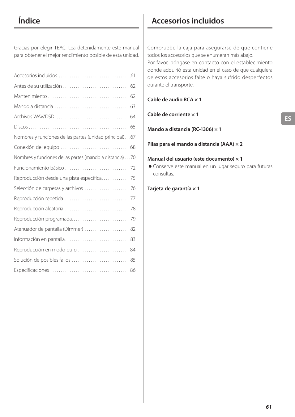 Accesorios incluidos, Índice | Teac PD-501HR User Manual | Page 61 / 88