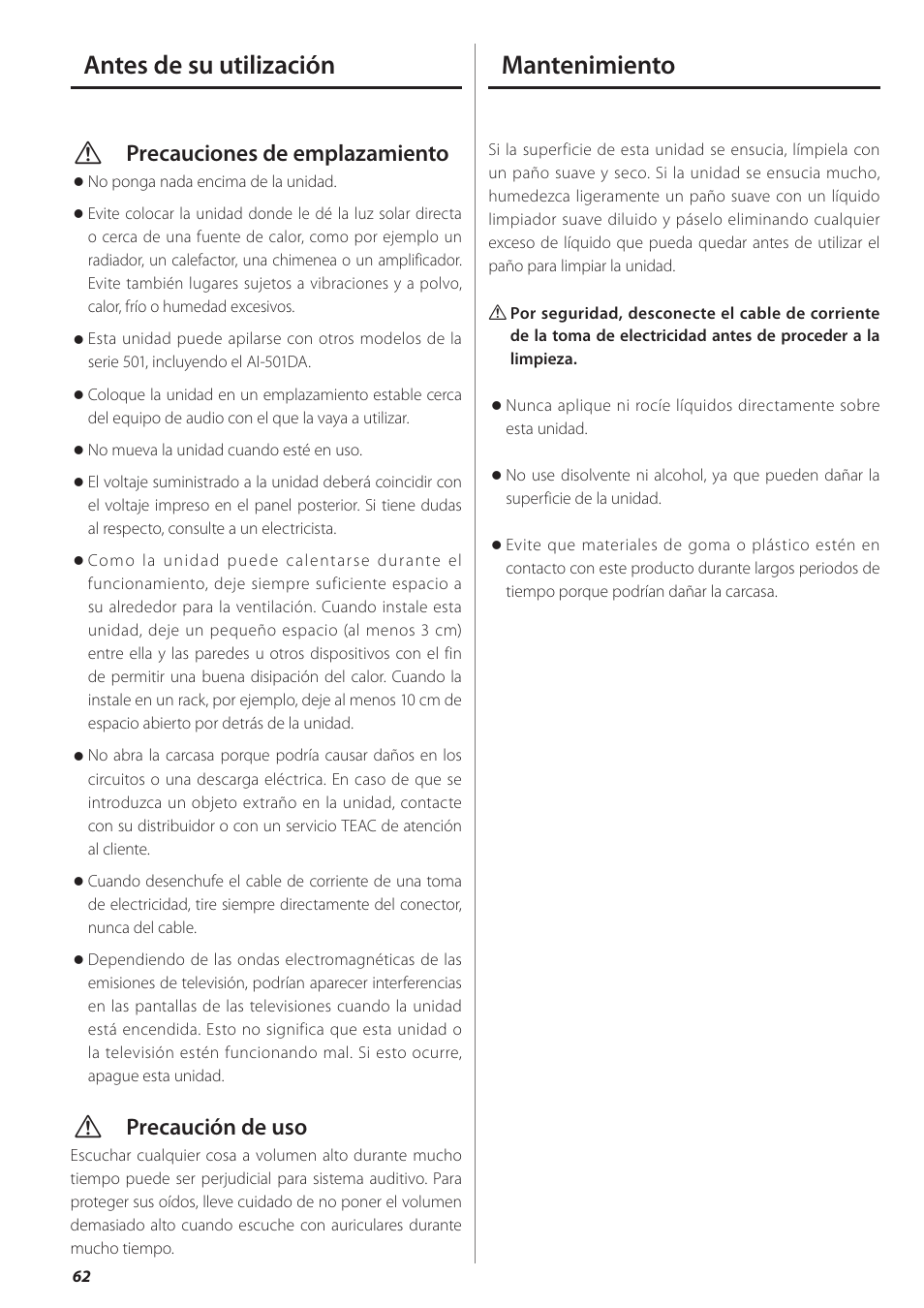 Antes de su utilización, Mantenimiento, Antes de su utilización mantenimiento | Vprecauciones de emplazamiento, Vprecaución de uso | Teac PD-501HR User Manual | Page 62 / 88