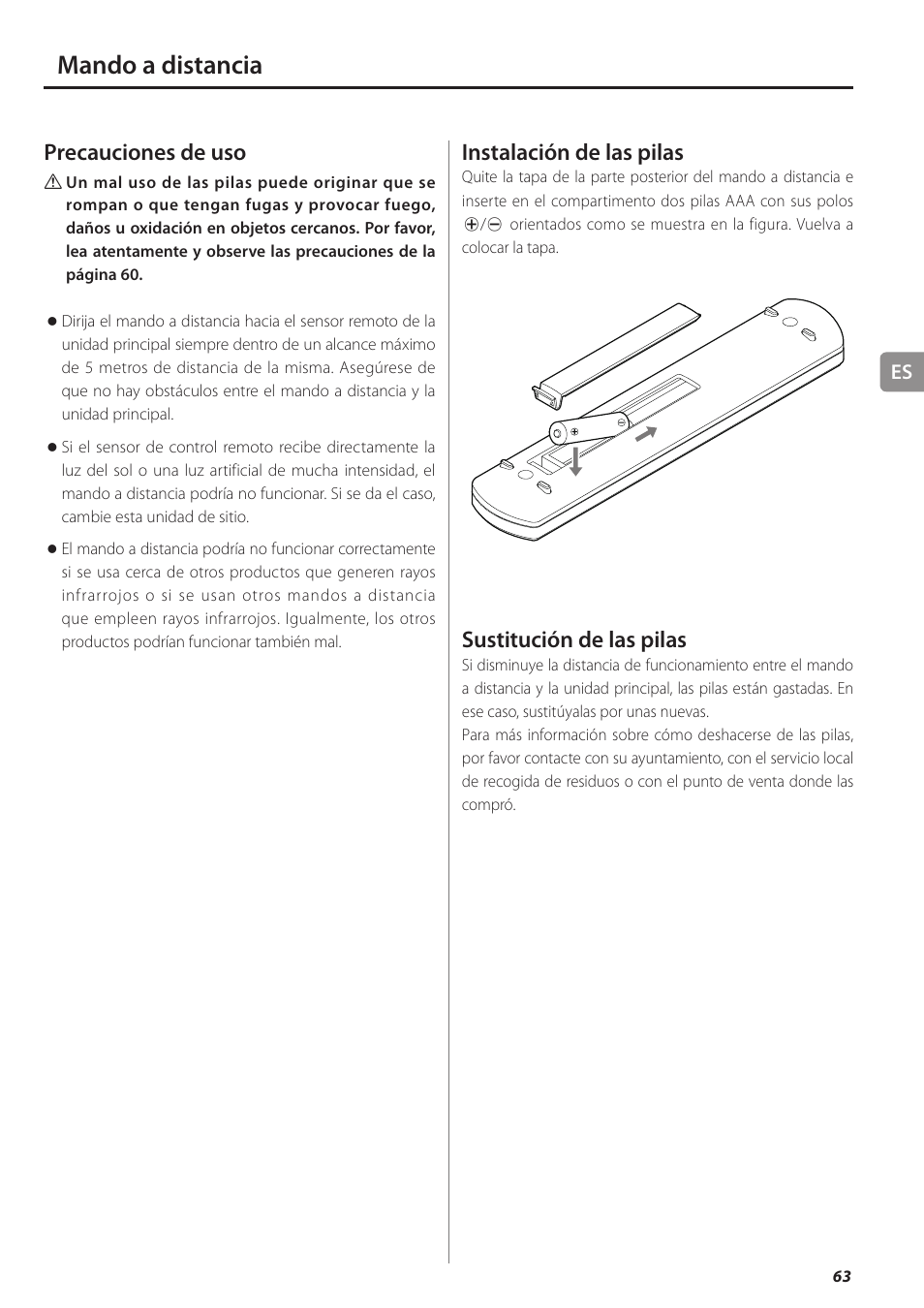 Mando a distancia, Precauciones de uso, Instalación de las pilas | Sustitución de las pilas | Teac PD-501HR User Manual | Page 63 / 88