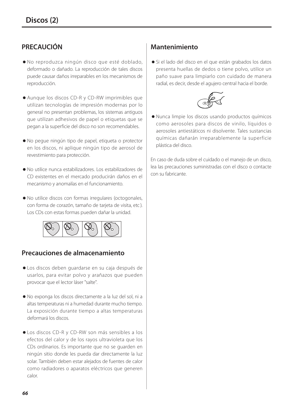 Discos (2), Precaución, Precauciones de almacenamiento | Mantenimiento | Teac PD-501HR User Manual | Page 66 / 88