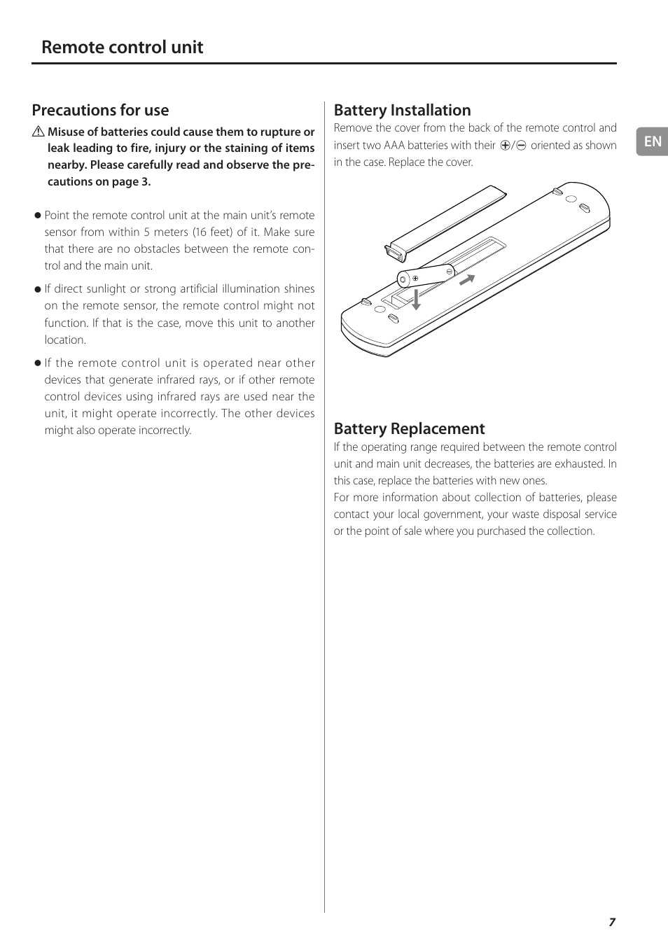Remote control unit, Precautions for use, Battery installation | Battery replacement | Teac PD-501HR User Manual | Page 7 / 88