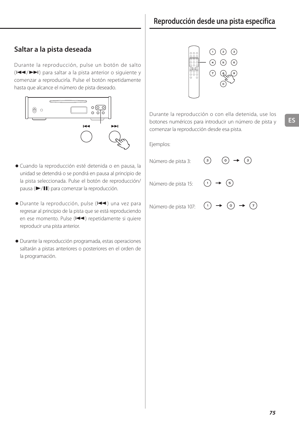 Reproducción desde una pista específica, 75 y, A 75 | Saltar a la pista deseada | Teac PD-501HR User Manual | Page 75 / 88