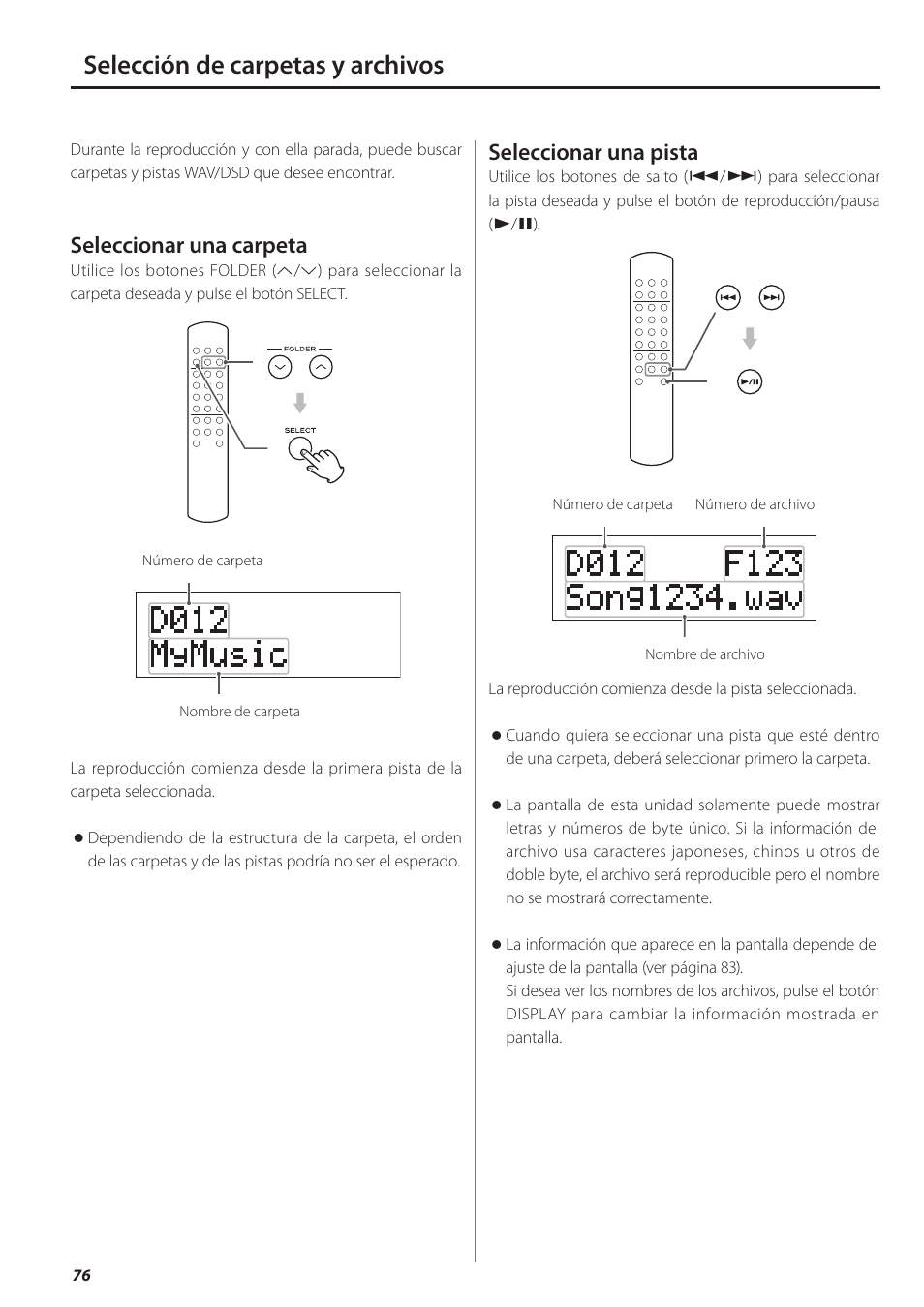 Selección de carpetas y archivos, Seleccionar una carpeta, Seleccionar una pista | Teac PD-501HR User Manual | Page 76 / 88