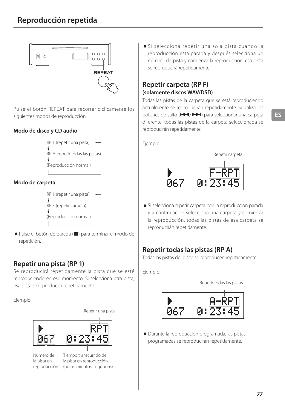 Reproducción repetida, A 77, Repetir una pista (rp 1) | Repetir carpeta (rp f), Repetir todas las pistas (rp a) | Teac PD-501HR User Manual | Page 77 / 88