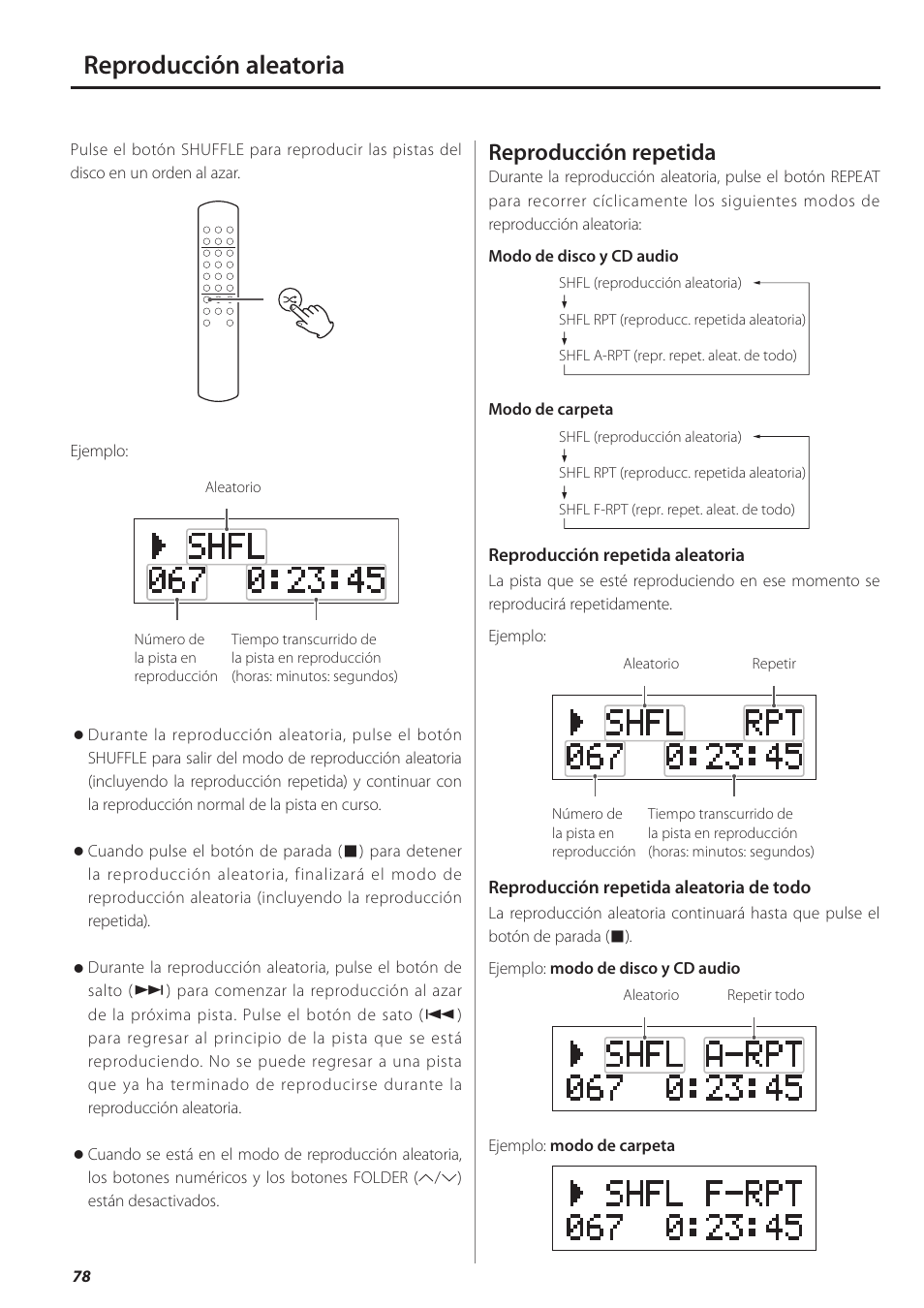 Reproducción aleatoria, Reproducción repetida | Teac PD-501HR User Manual | Page 78 / 88