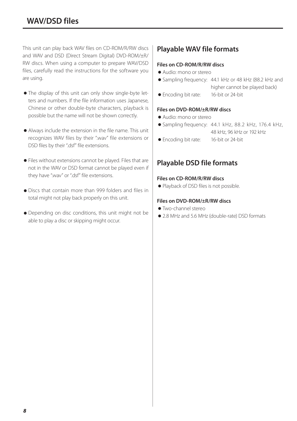 Wav/dsd files, Playable wav file formats, Playable dsd file formats | Teac PD-501HR User Manual | Page 8 / 88