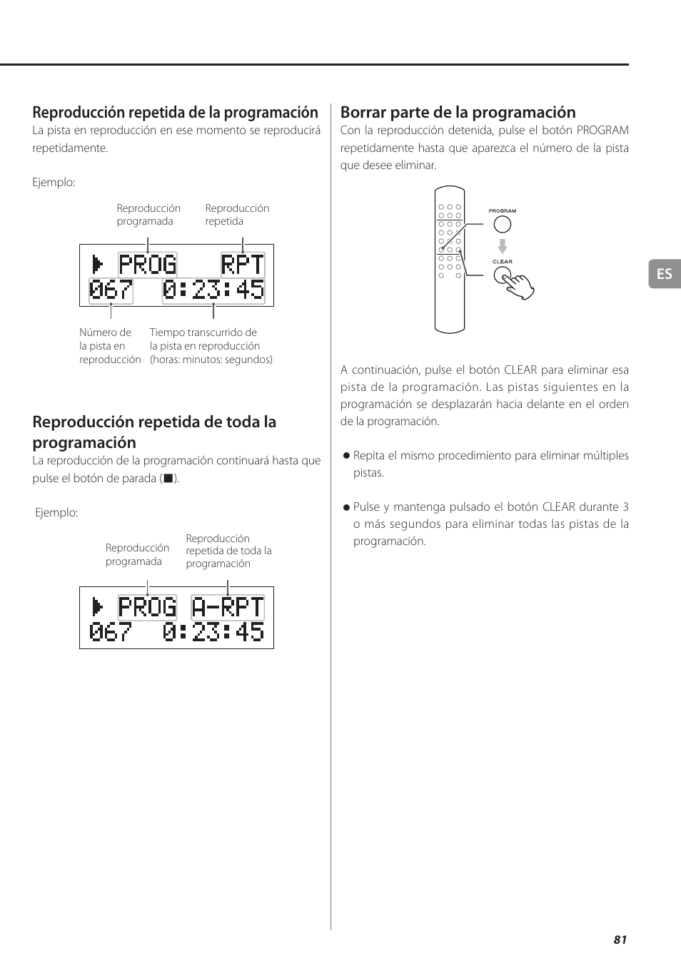 A 81), Reproducción repetida de la programación, Reproducción repetida de toda la programación | Borrar parte de la programación | Teac PD-501HR User Manual | Page 81 / 88