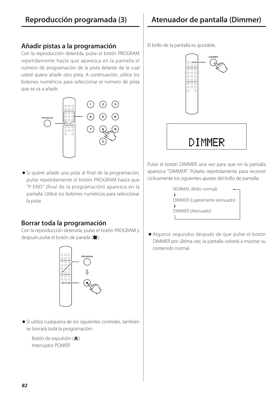 Atenuador de pantalla (dimmer), Añadir pistas a la programación, Borrar toda la programación | Teac PD-501HR User Manual | Page 82 / 88