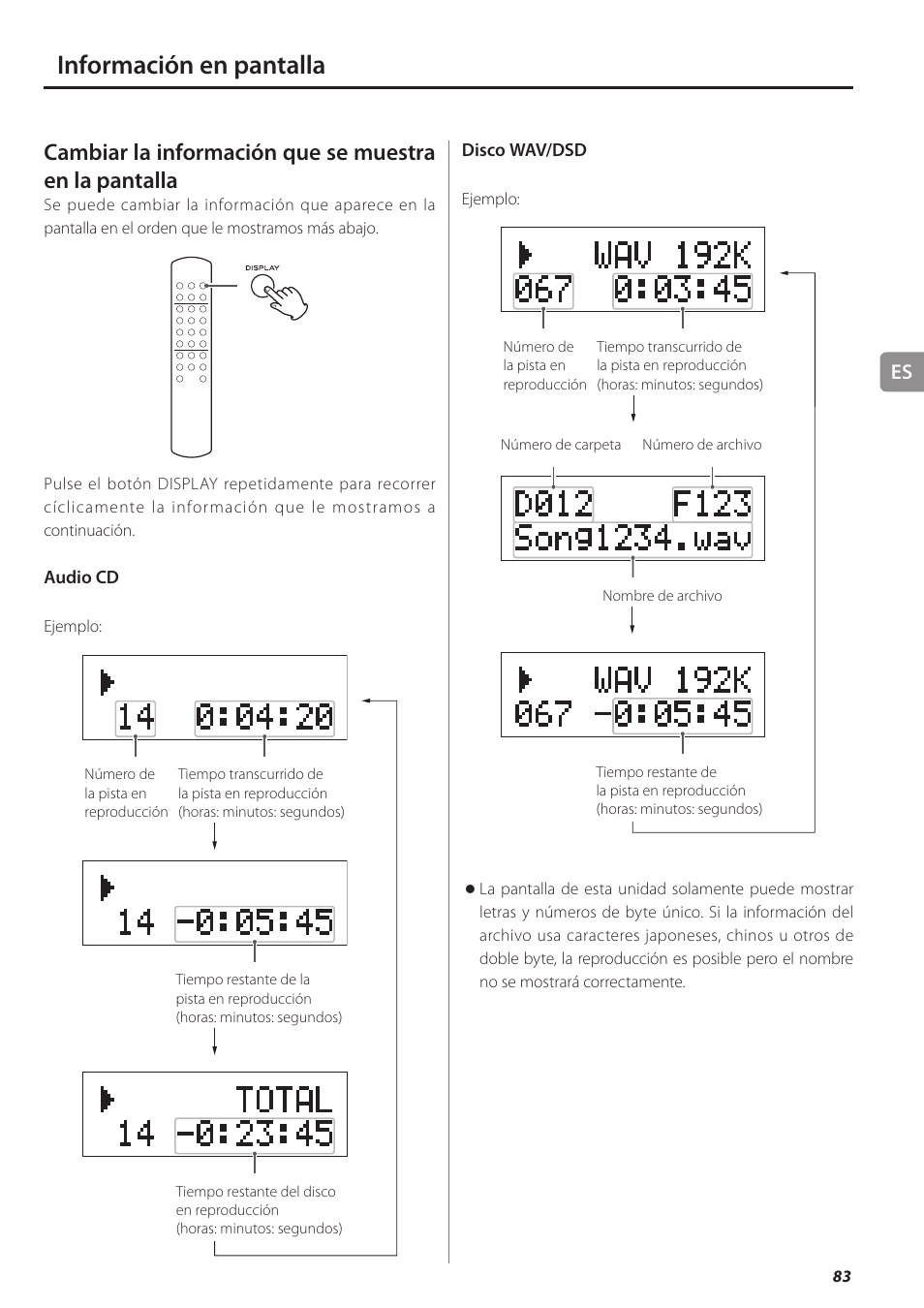 Información en pantalla | Teac PD-501HR User Manual | Page 83 / 88