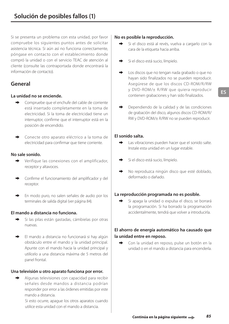 Solución de posibles fallos, Solución de posibles fallos (1), General | Teac PD-501HR User Manual | Page 85 / 88