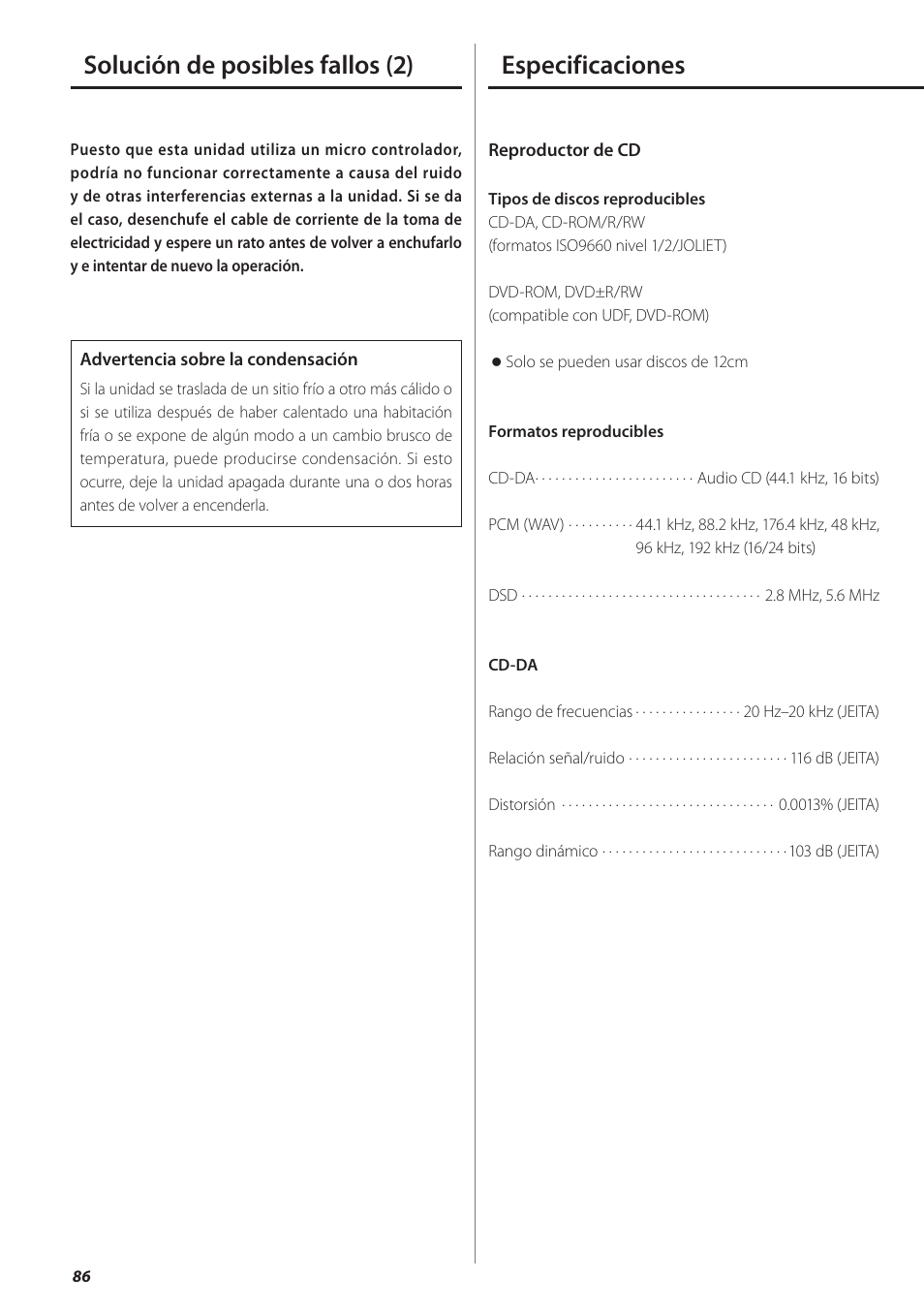 Especificaciones, Solución de posibles fallos (2) | Teac PD-501HR User Manual | Page 86 / 88