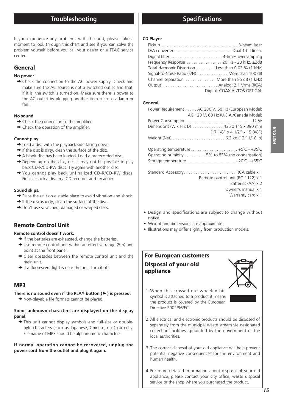 Troubleshooting, Specifications, General | Remote control unit | Teac PD-D2610 User Manual | Page 15 / 40