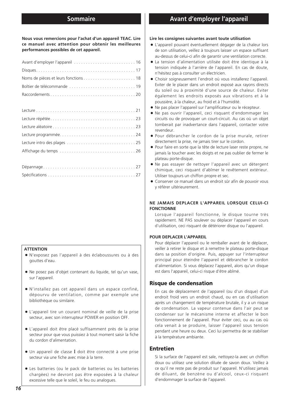 Avant d’employer l’appareil, Sommaire, Risque de condensation | Entretien | Teac PD-D2610 User Manual | Page 16 / 40