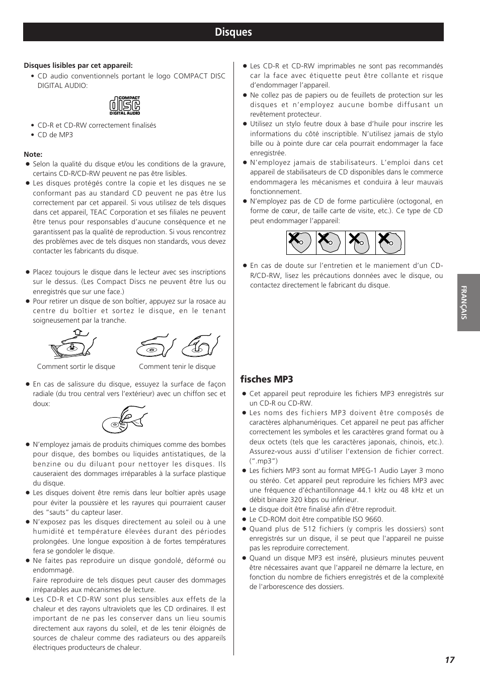 Disques, Fisches mp3 | Teac PD-D2610 User Manual | Page 17 / 40