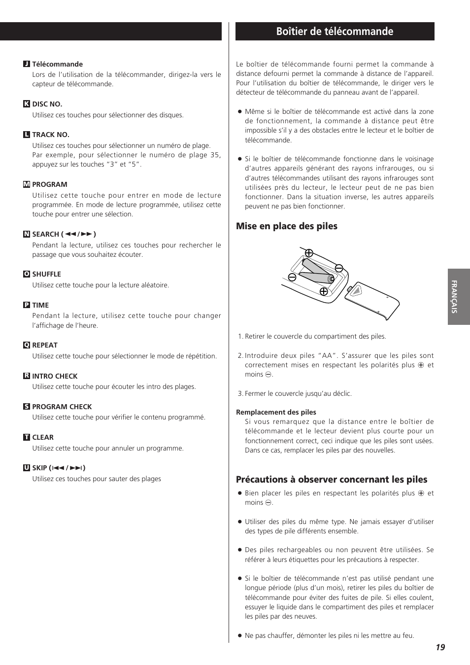 Boîtier de télécommande, Précautions à observer concernant les piles, Mise en place des piles | Teac PD-D2610 User Manual | Page 19 / 40