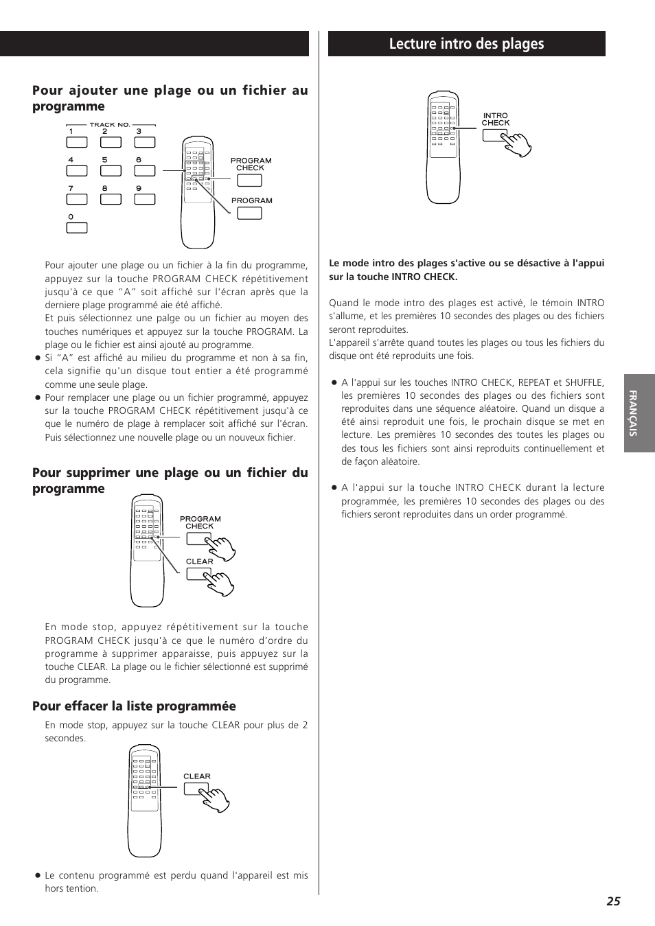 Lecture intro des plages, Pour ajouter une plage ou un fichier au programme | Teac PD-D2610 User Manual | Page 25 / 40
