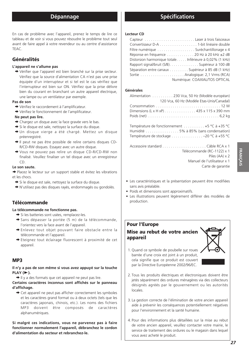 Dépannage, Spécifications, Généralités | Télécommande | Teac PD-D2610 User Manual | Page 27 / 40