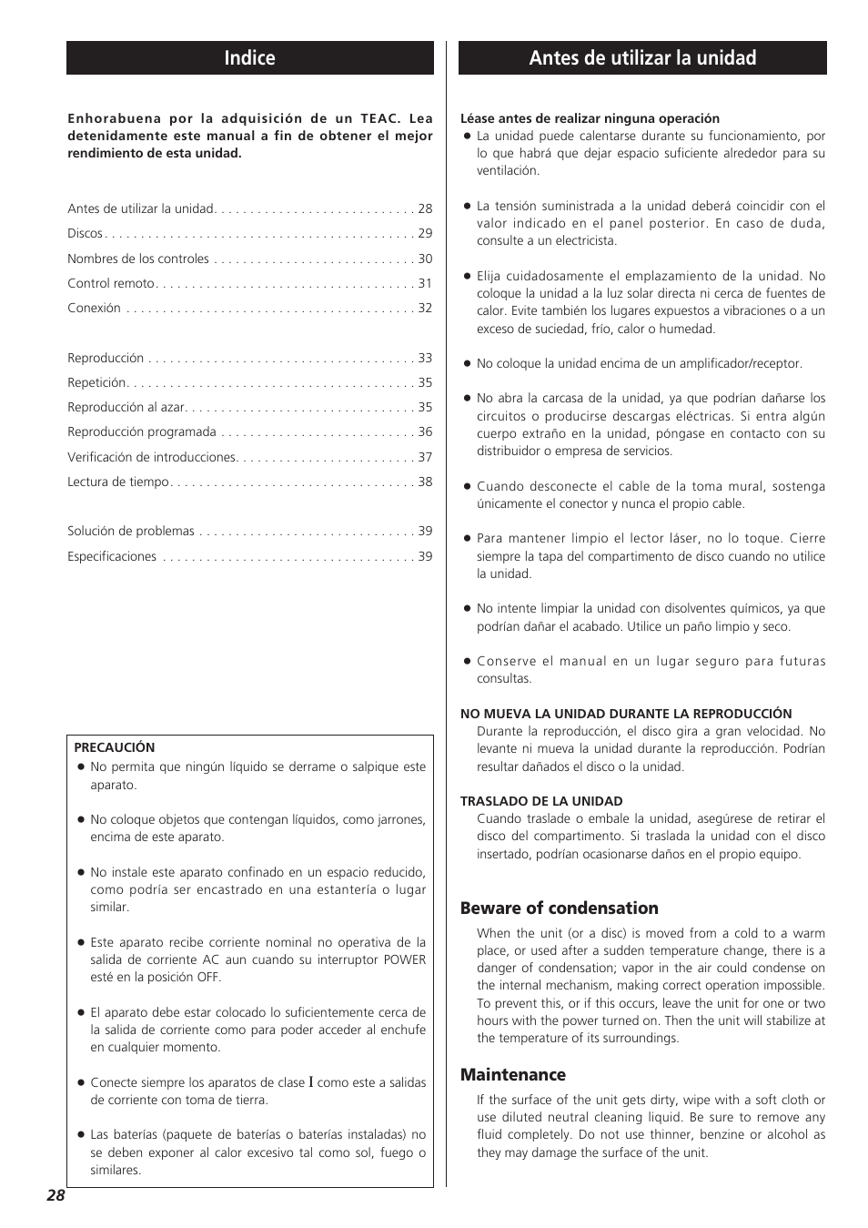 Indice, Antes de utilizar la unidad, Beware of condensation | Maintenance | Teac PD-D2610 User Manual | Page 28 / 40