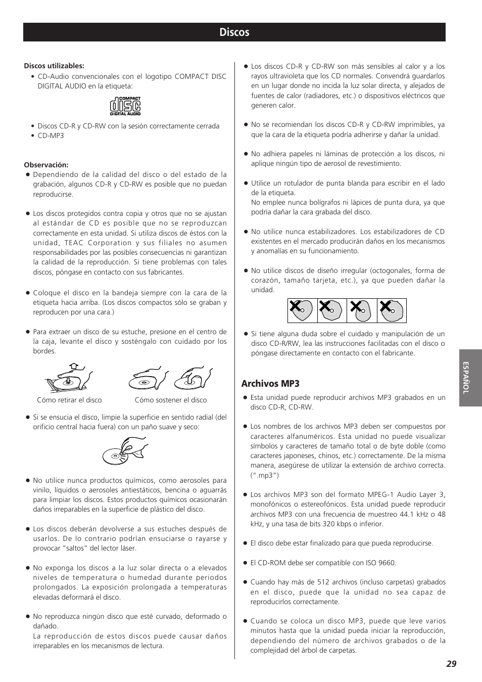 Discos, Archivos mp3 | Teac PD-D2610 User Manual | Page 29 / 40