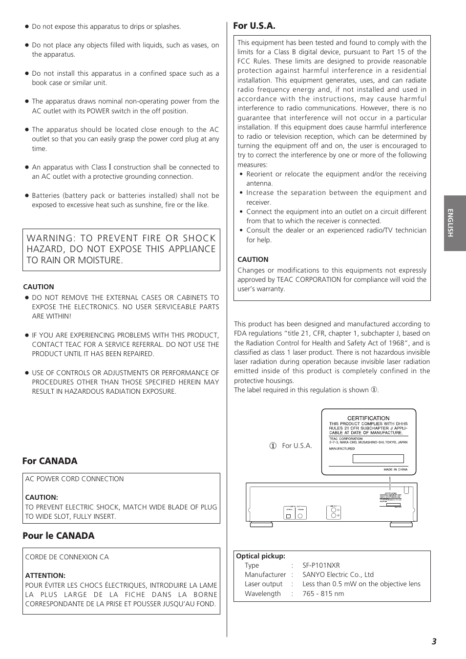 For u.s.a, For canada pour le canada | Teac PD-D2610 User Manual | Page 3 / 40