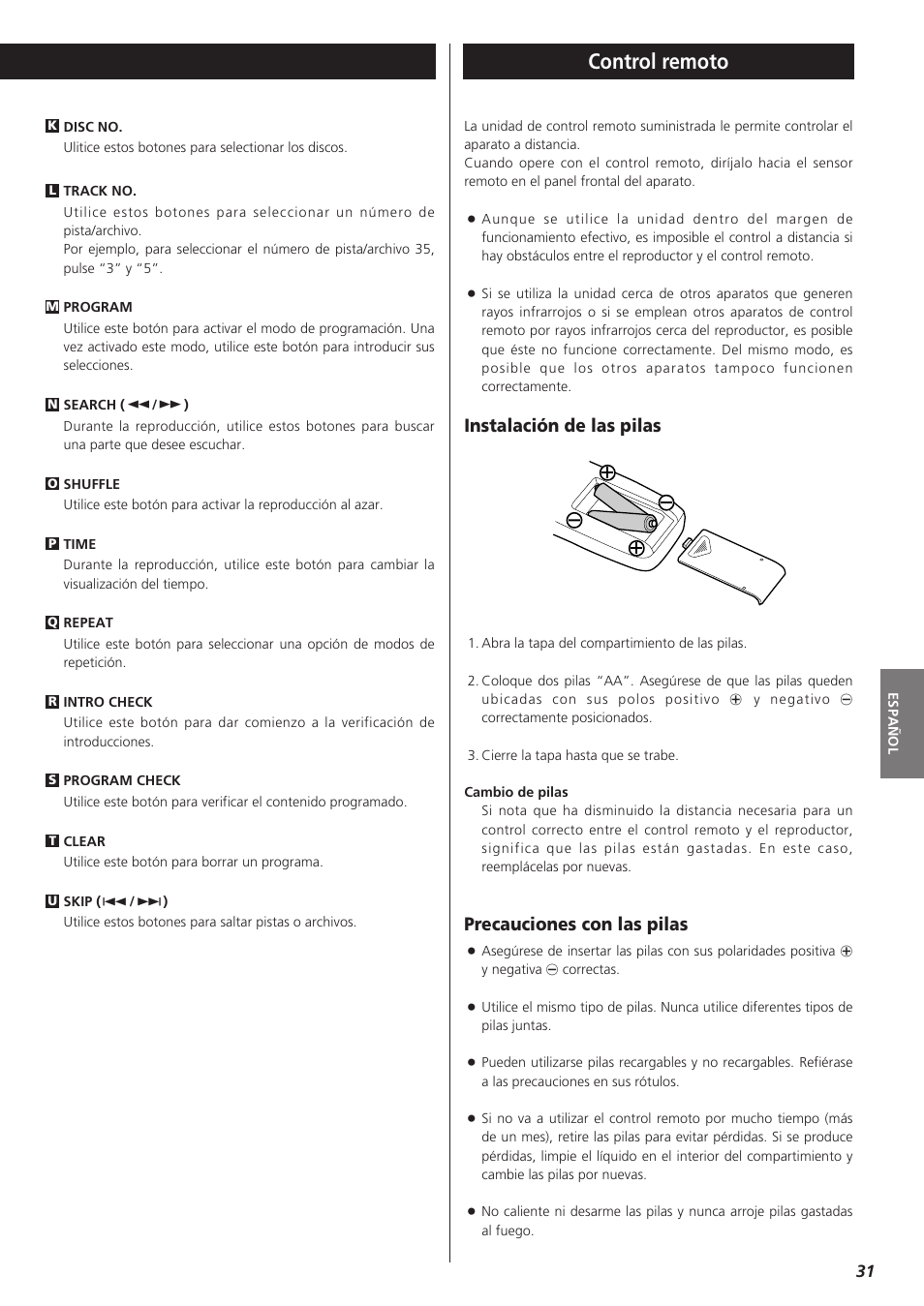 Control remoto, Precauciones con las pilas, Instalación de las pilas | Teac PD-D2610 User Manual | Page 31 / 40